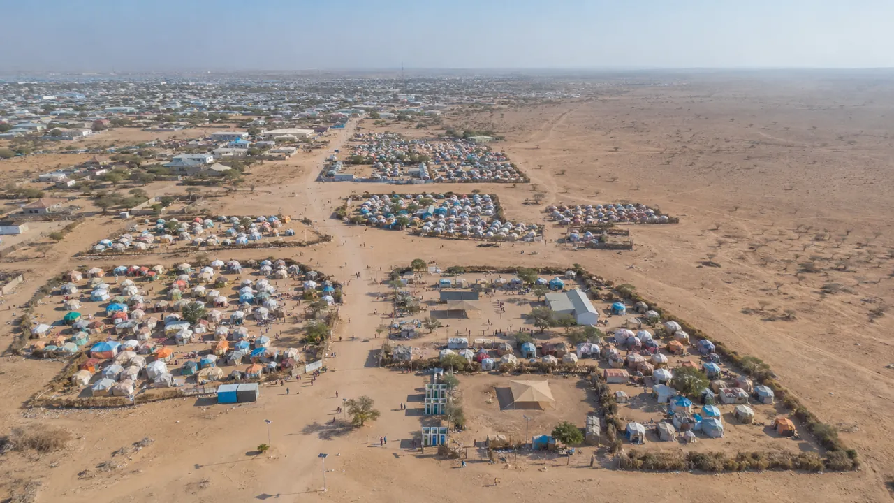Aerial overview of several connected displacement-site areas forming one operational catchment in Somalia.