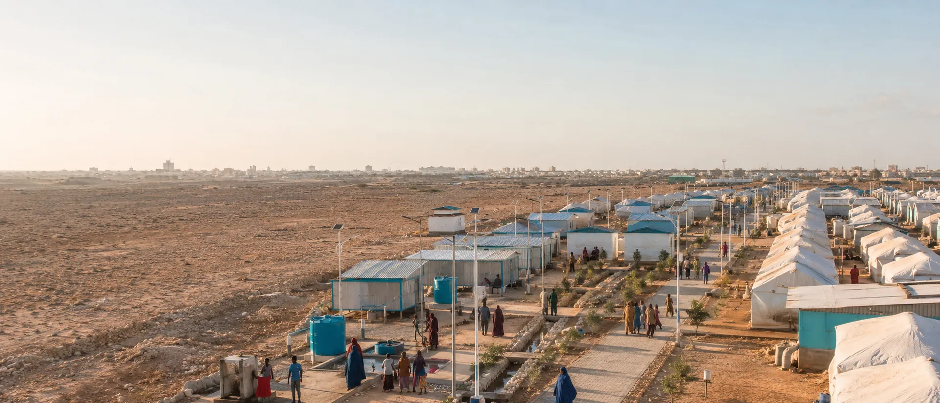 Overview of an organized displacement settlement in Somalia, with shelters, water points and residents going about daily life.