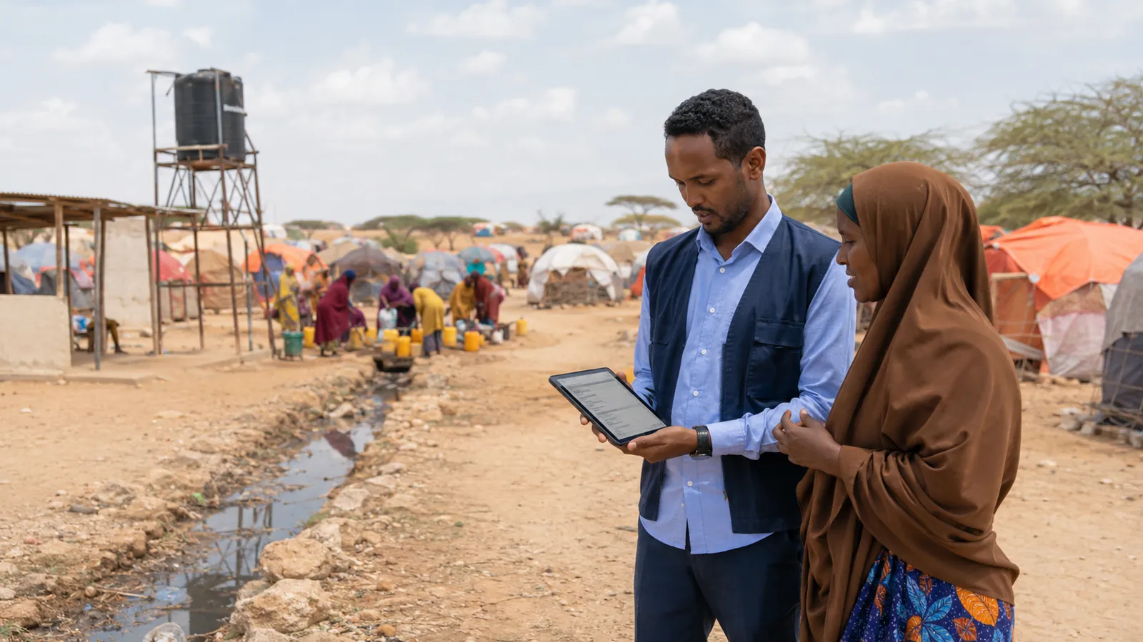 Information-management staff conducting a site assessment with a community representative.
