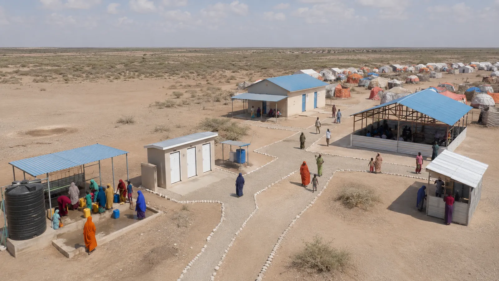 Essential service facilities connected within a Somali displacement settlement.